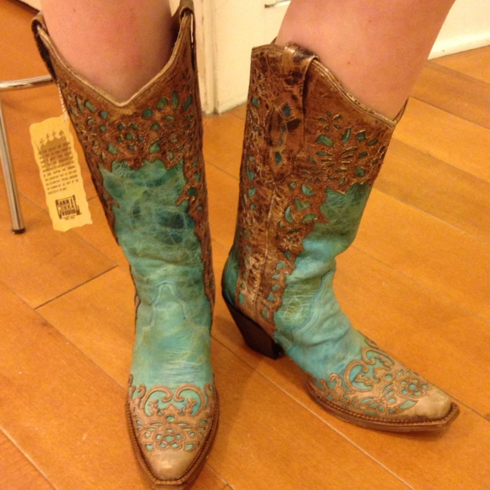Corral Vintage Turquoise Brown Overlay Cowboy Boots Snip Toe